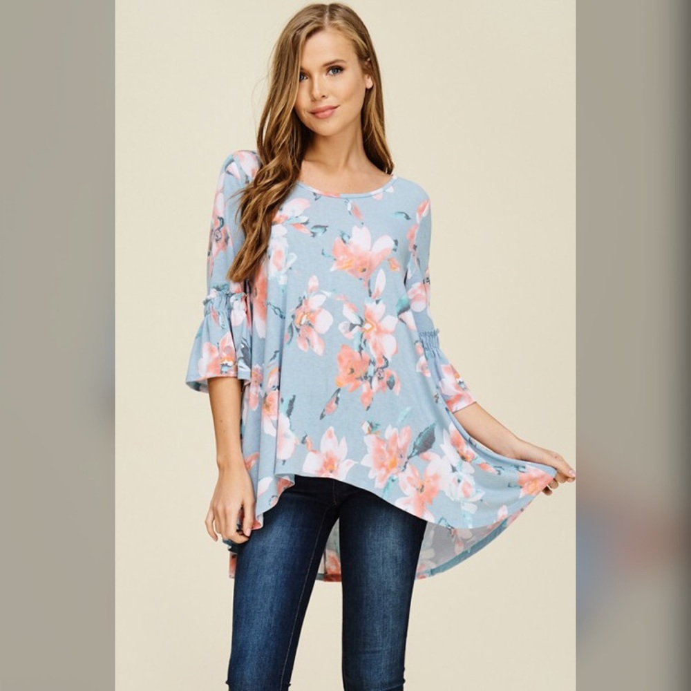 ❤️ LAST 1! Light Blue 3 qtr Sleeve Floral Top. - Picture 4 of 4